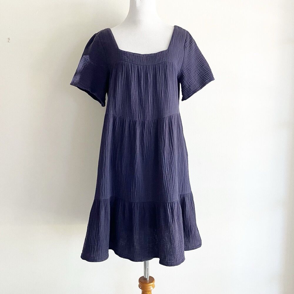 Rails Valentina Dress Sz Small Navy Blue 100% Cotton Gauze Short Sleeve Tiered